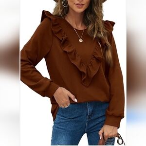 Agnes & Dora Brown Ruffle V-Neck Long Sleeve Blouse Top Size Medium Solid‎ Knit